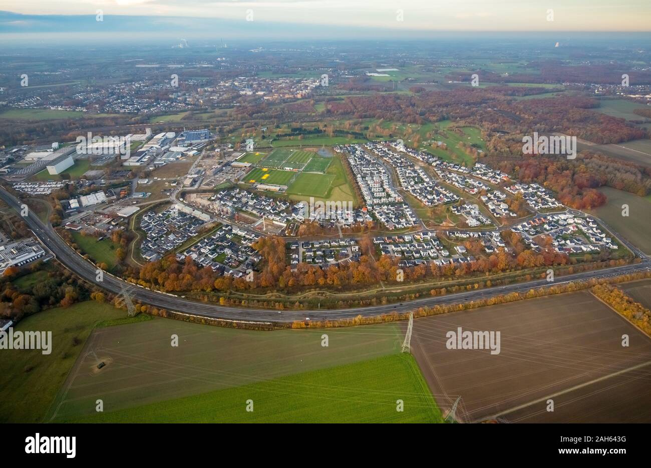 Aerial photograph, Hohenbuschei residential area, BVB training area, shooting range, Dortmund Brackel, Dortmund, Ruhr area, North Rhine-Westphalia, Ge Stock Photo