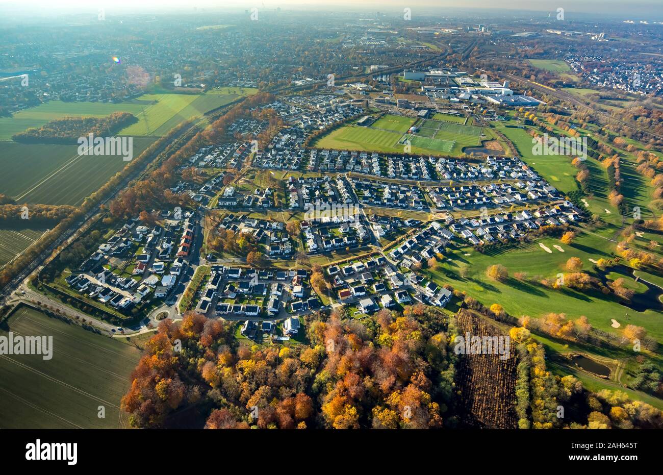 Aerial photograph, Hohenbuschei residential area, BVB training area, shooting range, Dortmund Brackel, Dortmund, Ruhr area, North Rhine-Westphalia, Ge Stock Photo