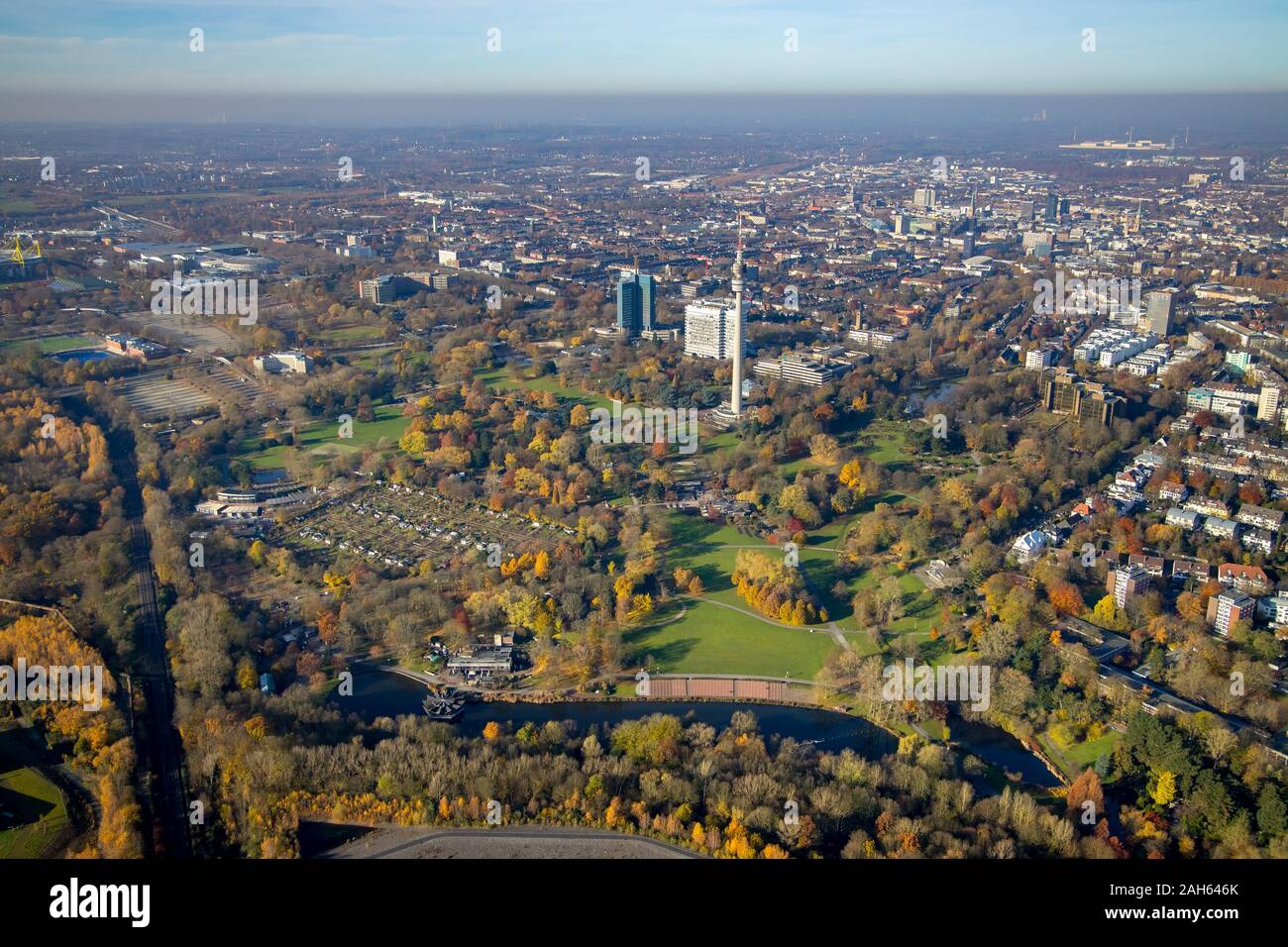 aerial view, overview Westfalenpark, Florianturm, Dortmund, Ruhr area, North Rhine-Westphalia, Buschmühle Restaurant, Buschmühleteich, Germany, DE, Eu Stock Photo