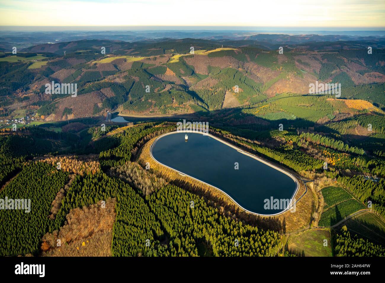 Aerial photo, pumped storage plant Rönkhausen, upper basin and lower basin Finnentrop-Rönkhausen, Finnentrop, Sauerland, North Rhine-Westphalia, Germa Stock Photo