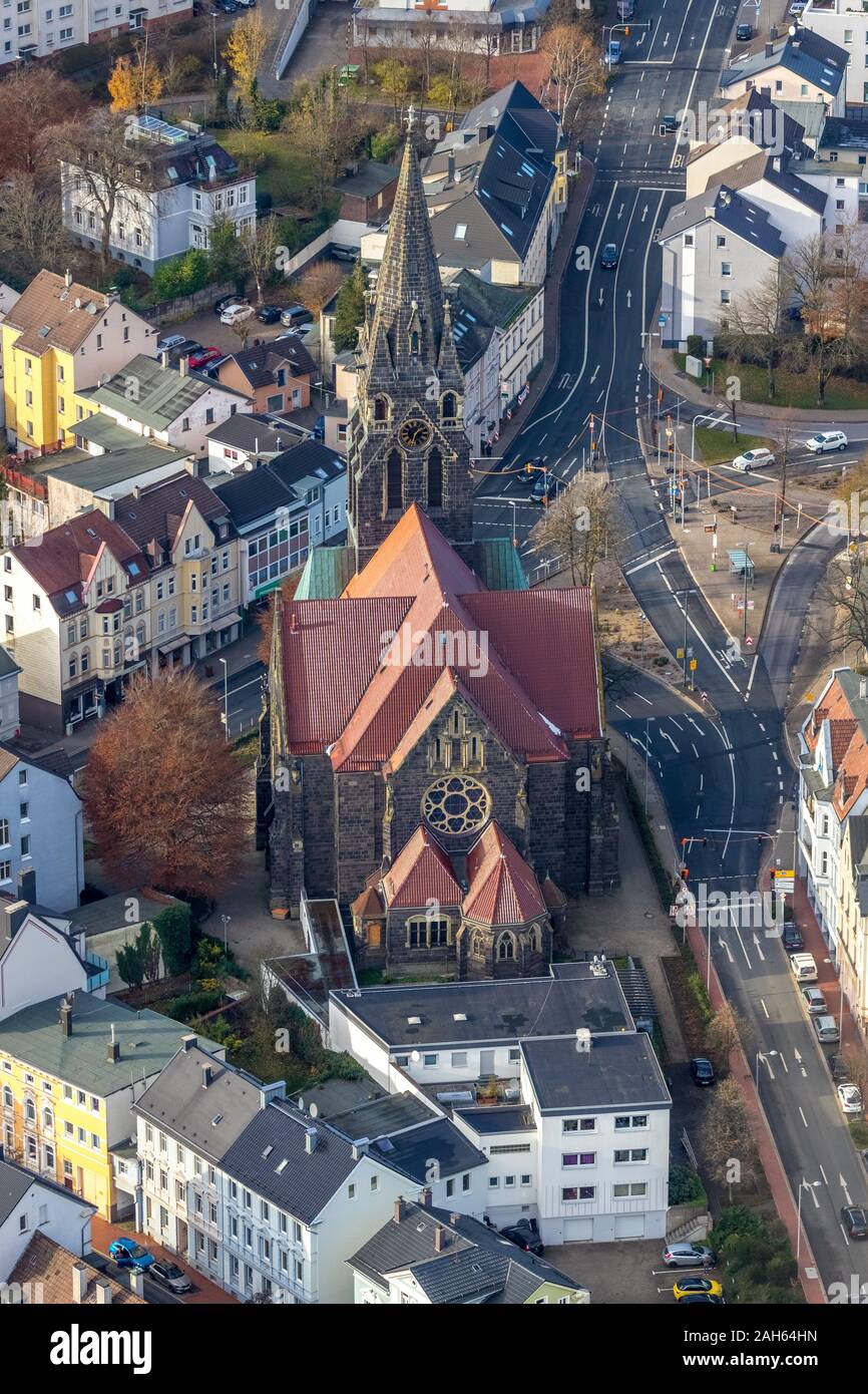 Aerial photograph, Protestant Christuskirche, Bahnhofstraße, Lüdenscheid, Märkischer Kreis, Sauerland, North Rhine-Westphalia, Germany, DE, Europe, Re Stock Photo