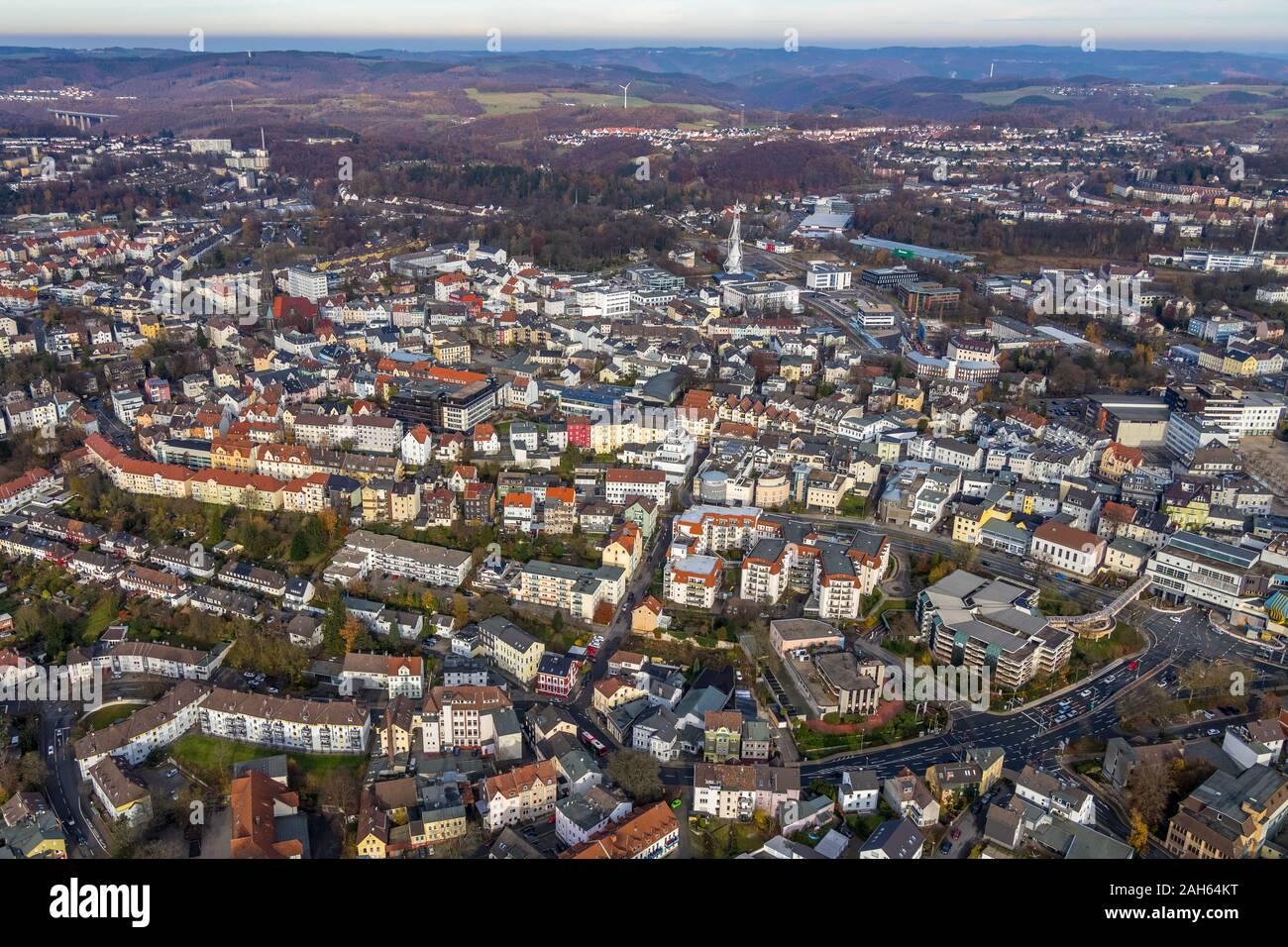aerial view, city view, distant view, residential and commercial buildings, PHÄNOMENTA Lüdenscheid, city hall, Lüdenscheid, Märkischer Kreis, Sauerlan Stock Photo
