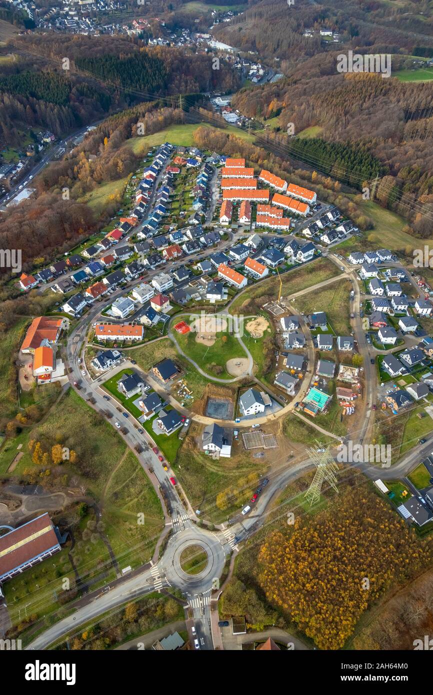 Aerial view, new development area residential area Vogelberg-Kirchhahn, Lüdenscheid, Märkischer Kreis, Sauerland, North Rhine-Westphalia, Germany, Bru Stock Photo