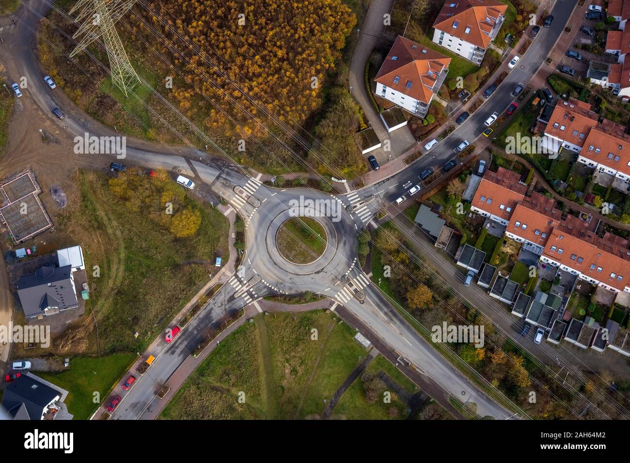 Aerial view, roundabout in the new housing development area Vogelberg-Kirchhahn, Lüdenscheid, Märkischer Kreis, Sauerland, North Rhine-Westphalia, Ger Stock Photo