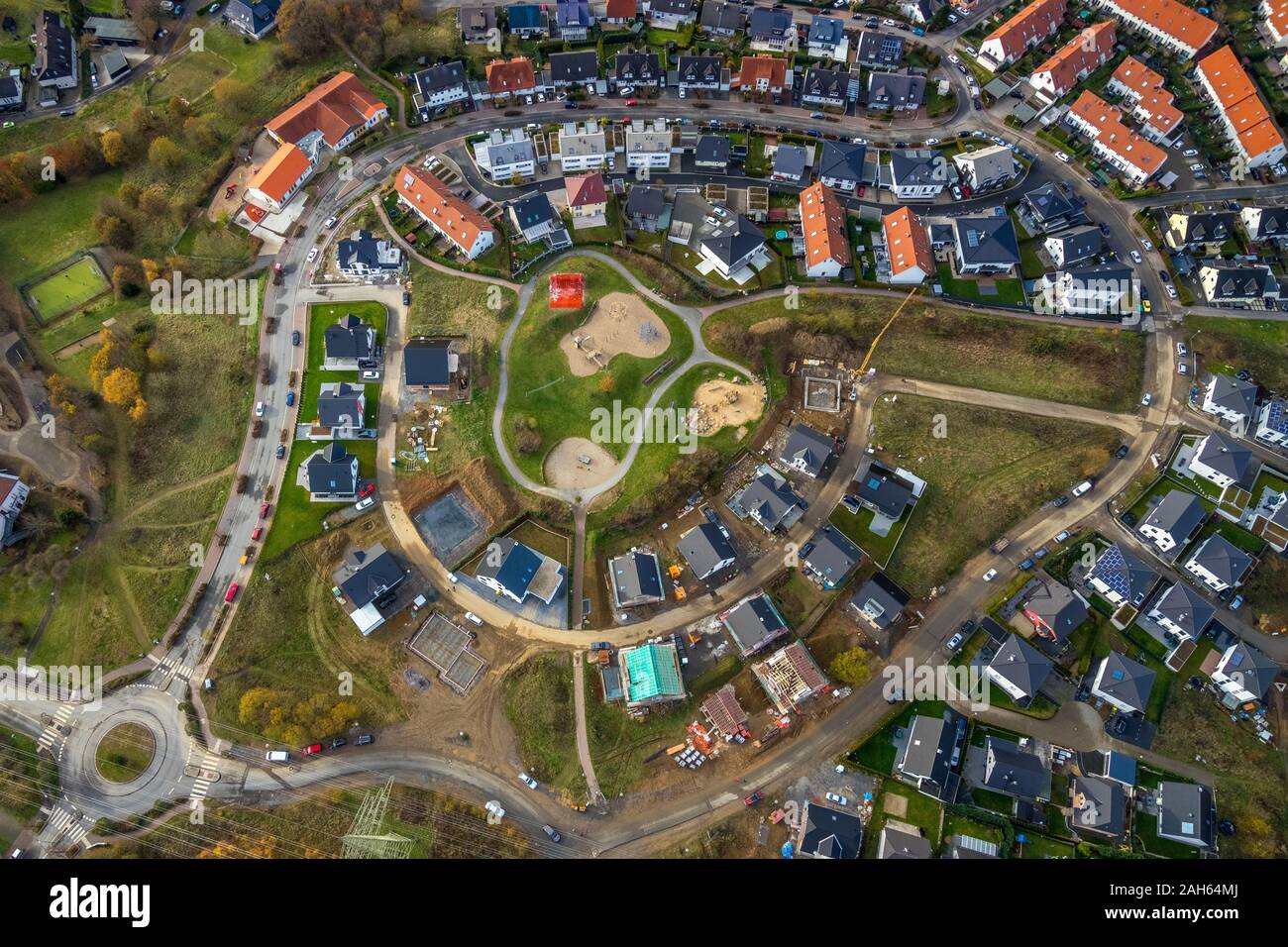 Aerial view, new development area residential area Vogelberg-Kirchhahn, Lüdenscheid, Märkischer Kreis, Sauerland, North Rhine-Westphalia, Germany, Bru Stock Photo