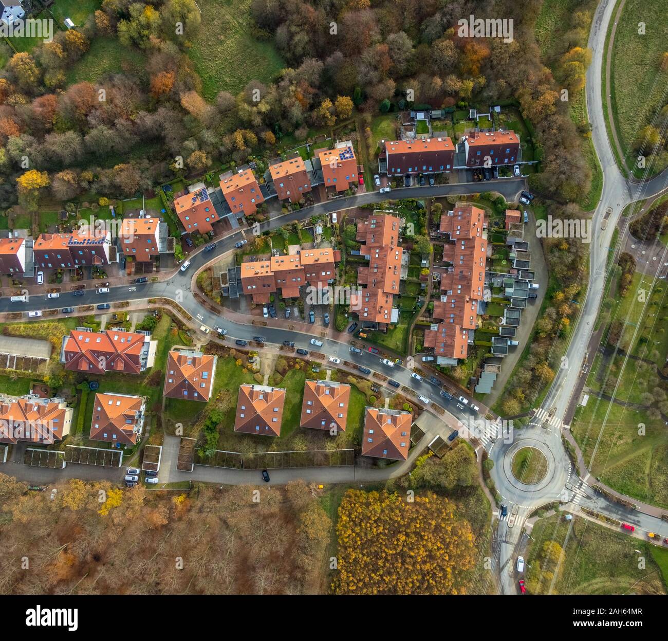 Aerial photo, new development area residential area Vogelberg-Kirchhahn,red tiled roofs, Lüdenscheid, Märkischer Kreis, Sauerland, North Rhine-Westpha Stock Photo