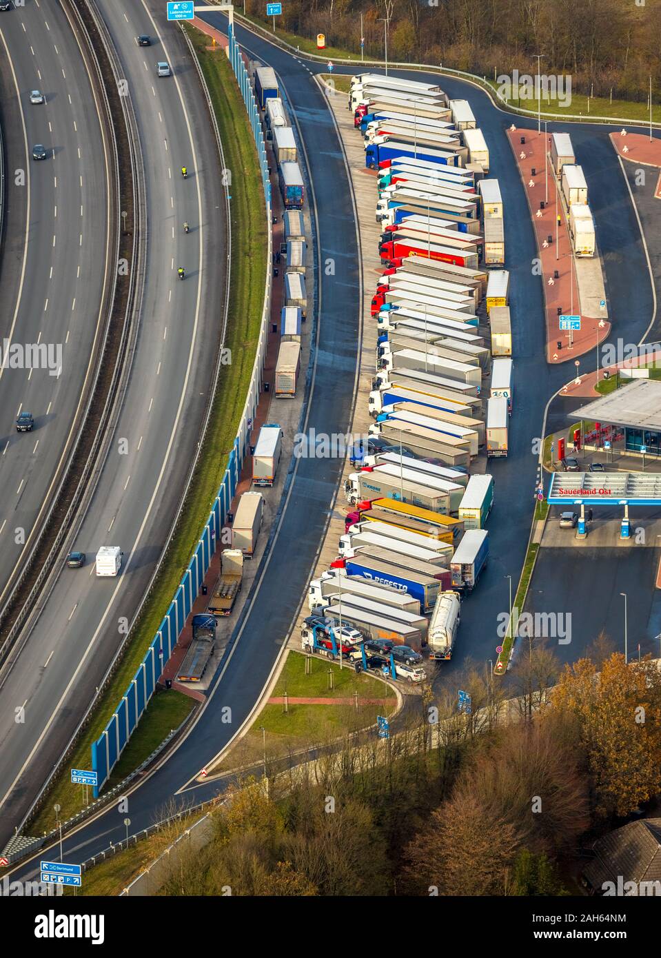 Aerial photograph, Autobahn A45, Parking Trucks, Rest and Service Area Sauerland West, Rest and Service Area Sauerland East, Lüdenscheid, Märkischer K Stock Photo