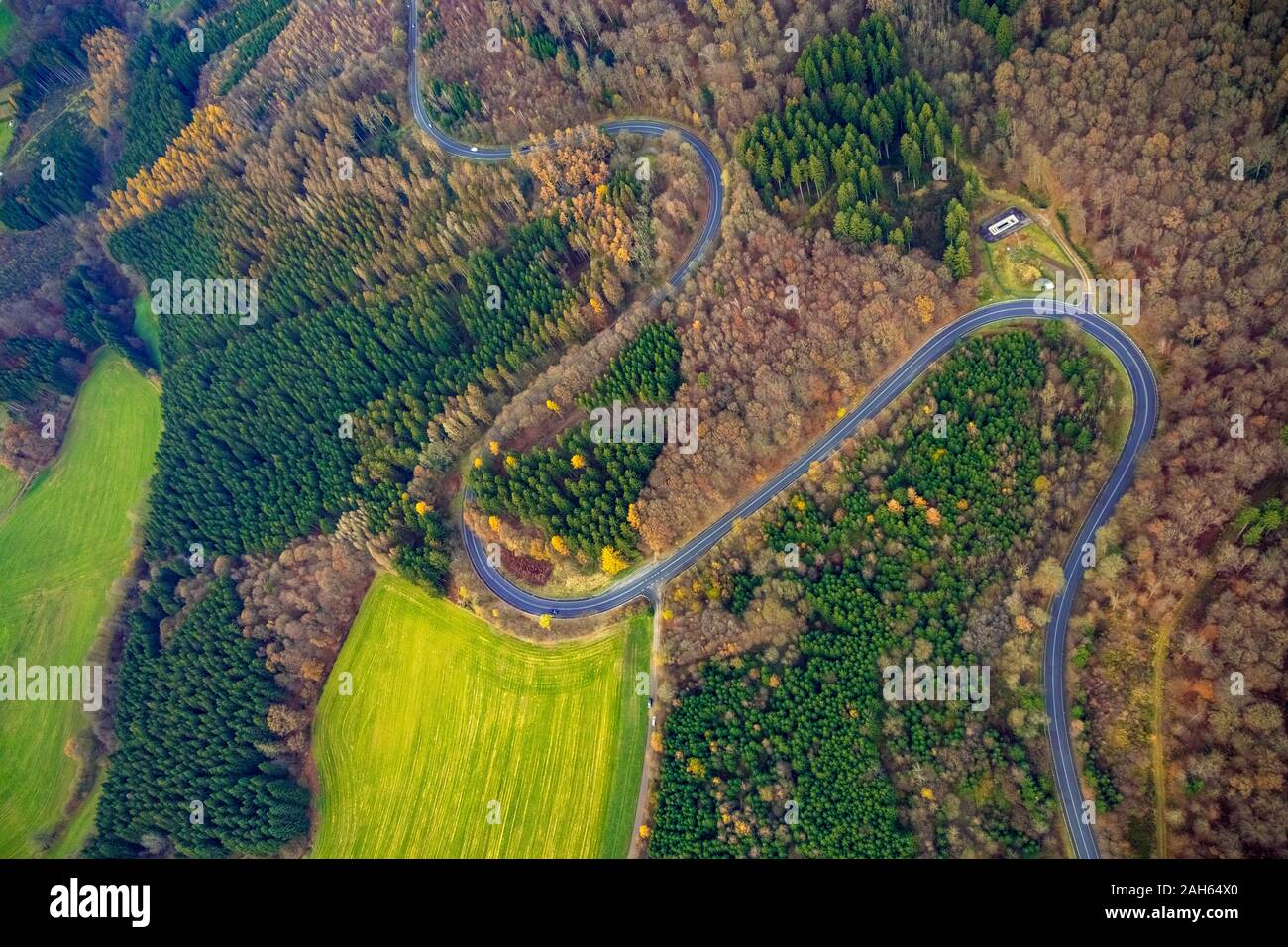 Aerial photo, country road L 323 with bends, road with accidents, hairpin bends, motorcycle route, dangerous country road, death route, Meinerzhagen, Stock Photo