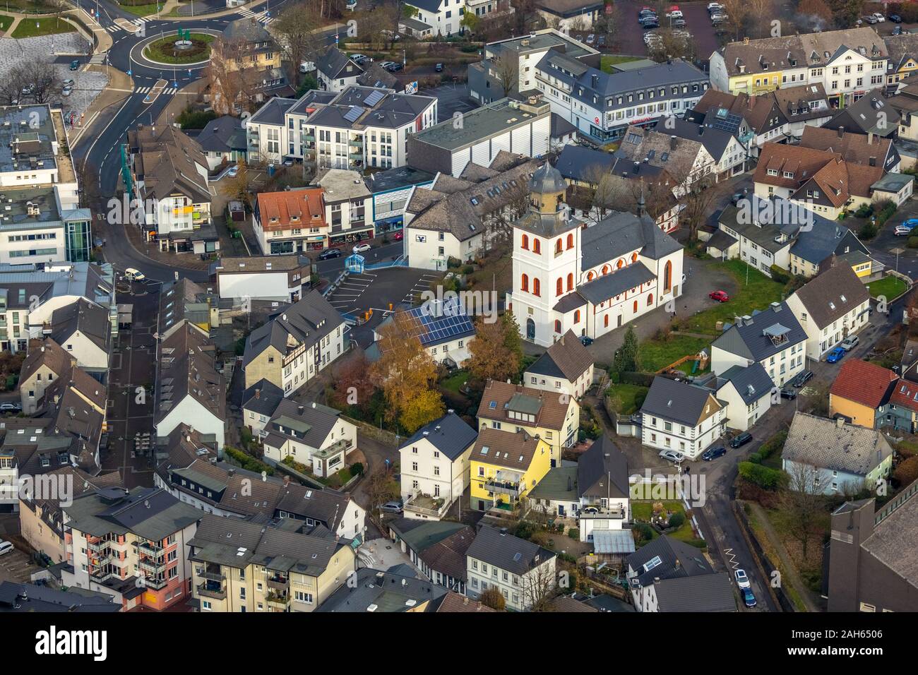 Aerial photo, overview village centre, Protestant Jesus Christ Church, Meinerzhagen, Sauerland, Märkischer Kreis, North Rhine-Westphalia, Germany, DE, Stock Photo