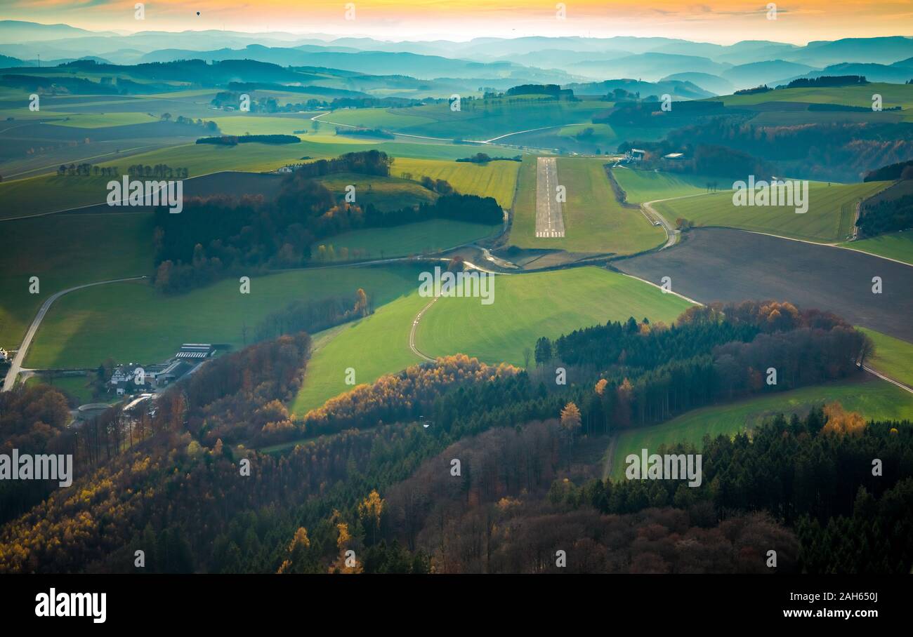 Aerial photograph, Flughafen Meschede-Schüren, Flugplatzgesellschaft Meschede mbH, rural runway, runway, small airfield, general aviation, GAT, Schüre Stock Photo