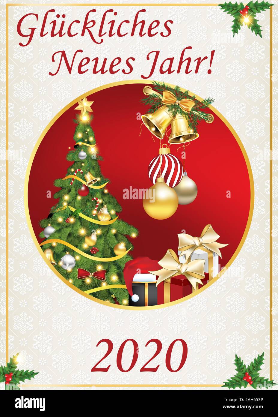 Happy New Year 2020! written in German. Greeting card with vintage design: a Christmas tree, presents boxes, baubles, jingle bells on a red background Stock Photo