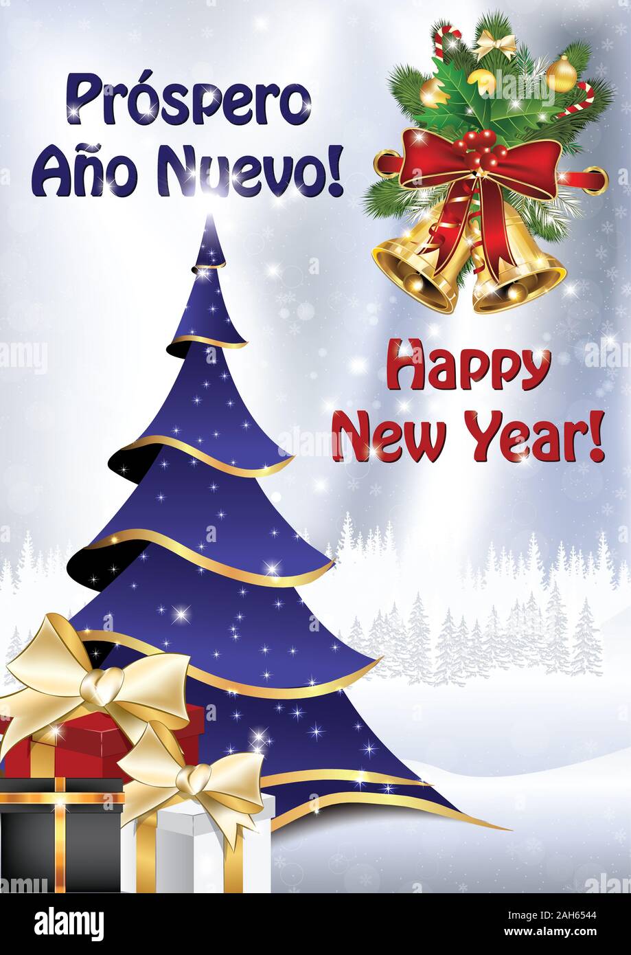 Classic greeting card for the New Year celebration, with text in Spanish and English. Stock Photo