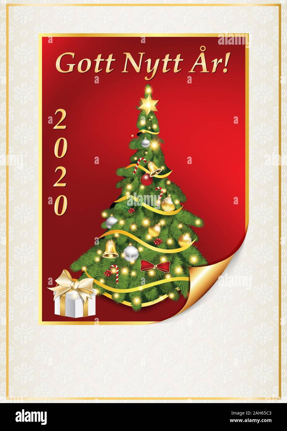 Vintage greeting card with a fancy Christmas tree on a red background, with Swedish message. Text translation: Happy new Year! Stock Photo