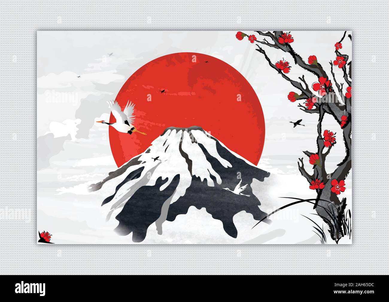 Japanese style black ink painting with crane birds flying over a landscape with stylized mountains - a giant red sun behind the Mount Fuji. Stock Photo