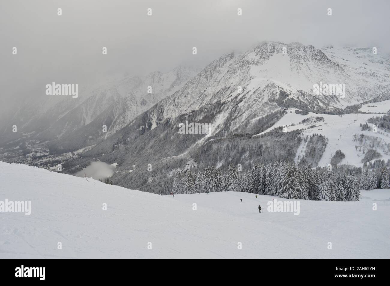 Chamonix, France. 23 December, 2019. Snow covered ski area with mountains in winter, Domaine De Balme, Mont Blanc, Chamonix. Stock Photo