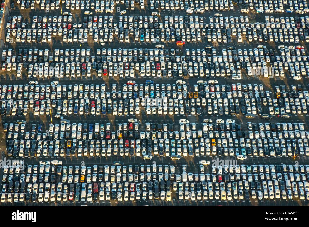 Aerial photo, CAT Automobillogistik Essen GmbH, car dealer, car dump, logistics service, parking, Essen, Ruhr area, North Rhine-Westphalia, Germany, a Stock Photo
