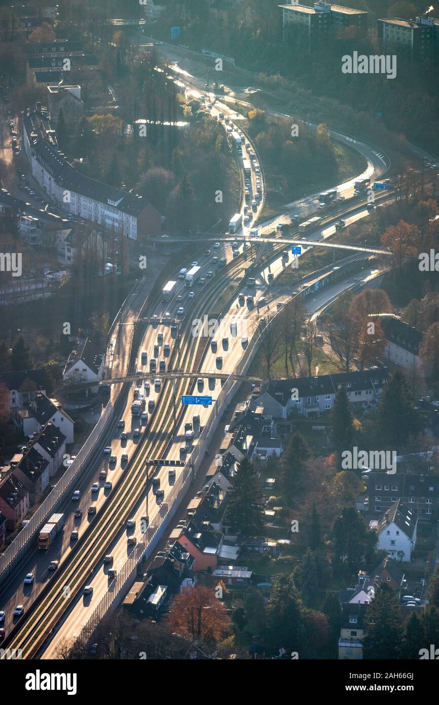 Aerial photo, motorway A40 backlit, exit to A52 Düsseldorf, Essen, Ruhr area, North Rhine-Westphalia, Germany, motorway, DE, Europe, aerial photo, aer Stock Photo