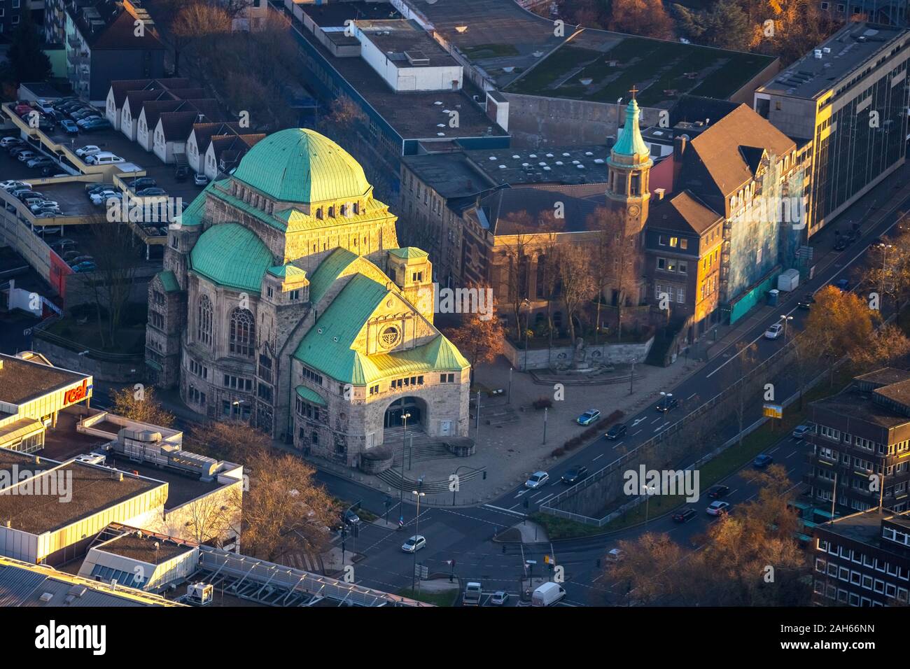 Aerial photo, Old Synagogue, Edmund-Körner-Platz, Old Catholic Peace Church Essen, Bernestraße, Essen, Ruhr Area, North Rhine-Westphalia, Germany, DE, Stock Photo