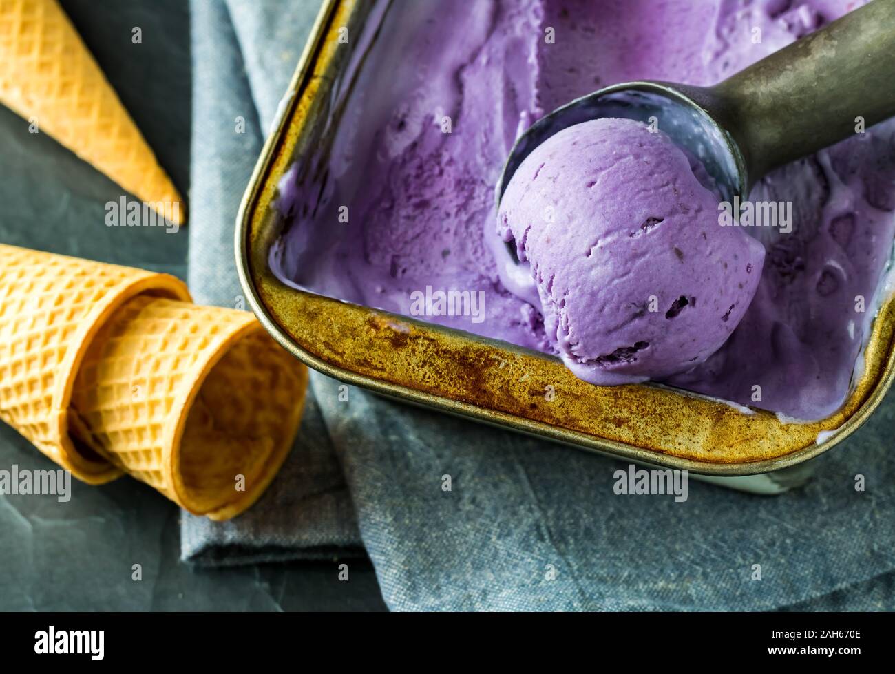 Ice cream cones and Ube ice cream. Stock Photo