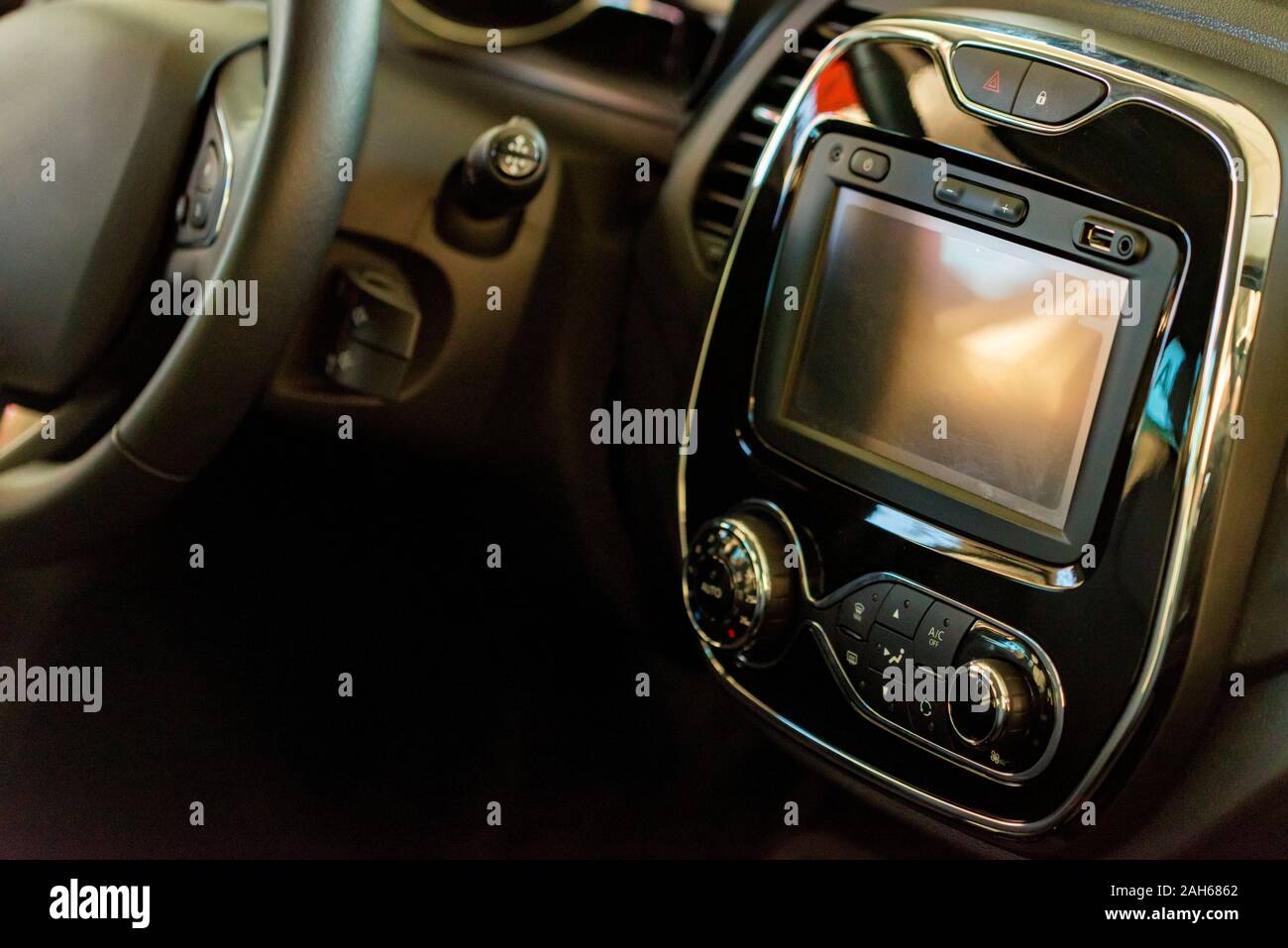 Close up black multimedia panel in modern car Stock Photo