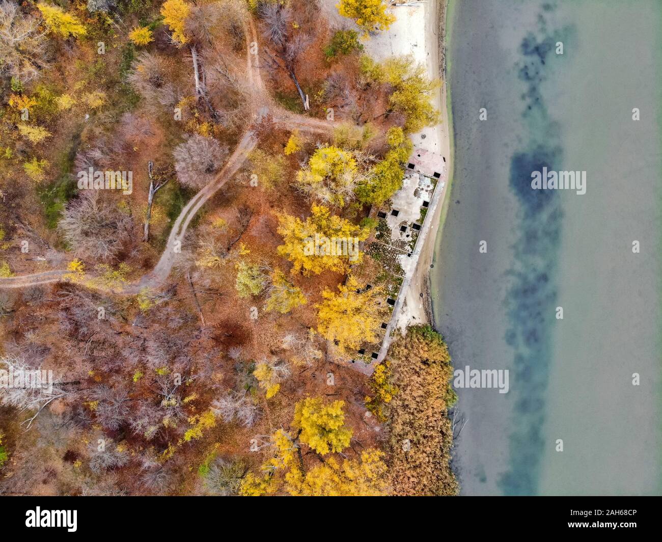 Drone picture of derelict abandoned concrete barge on river bank in fall Decaying alongside a river. Stock Photo