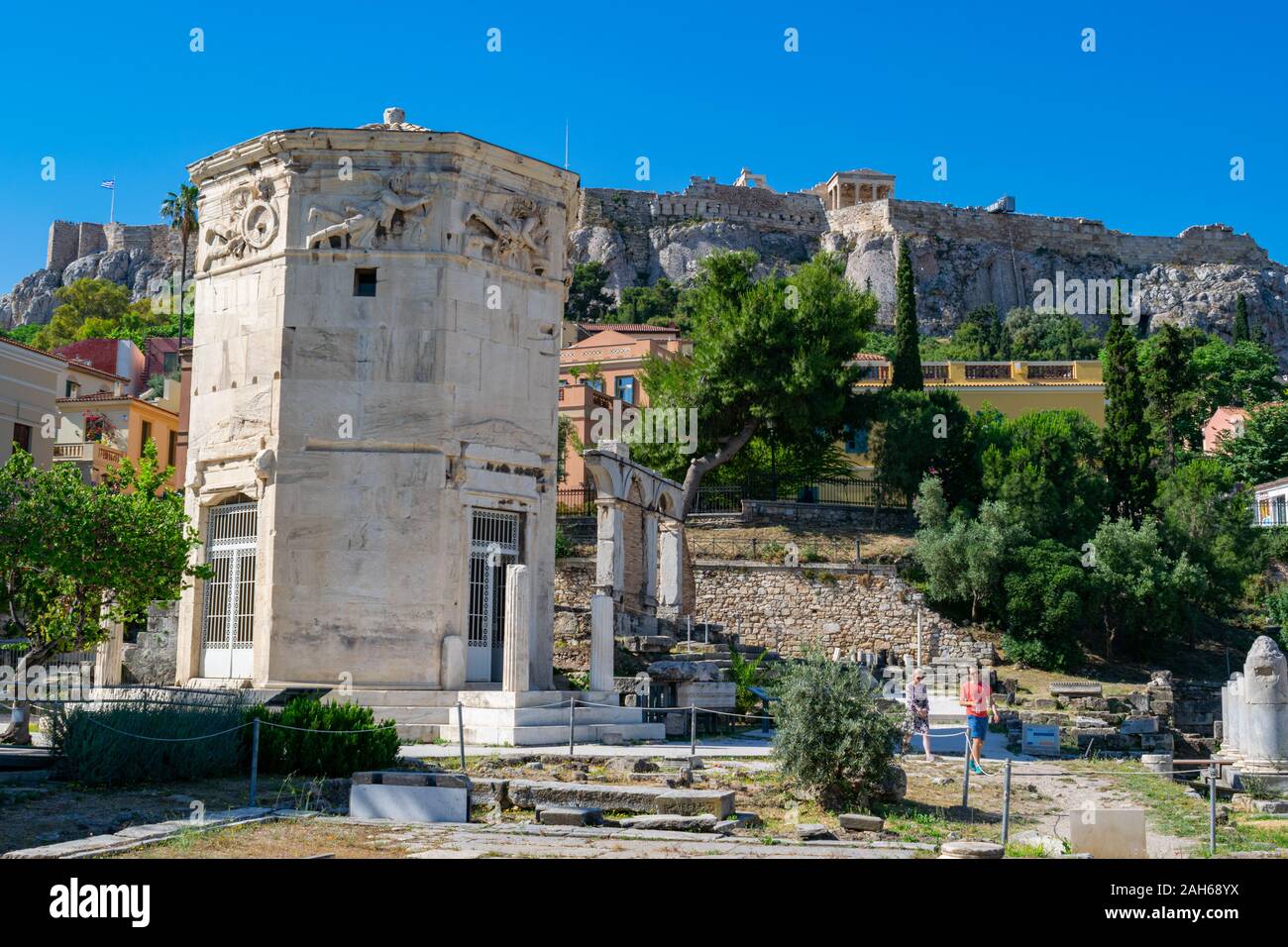 Athens, Greece - June 1 2019: Bath house of the winds with Acropolis ...