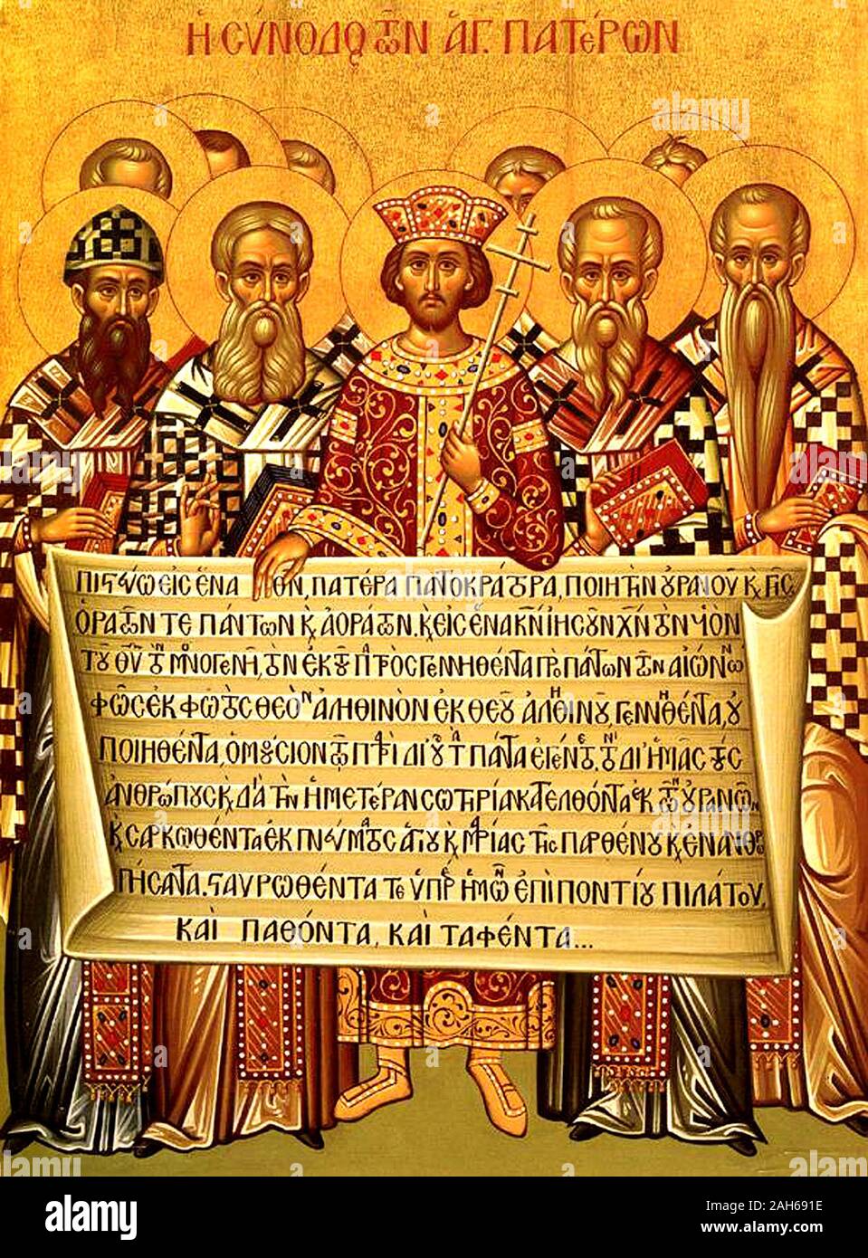 Icon depicting the Emperor Constantine, accompanied by the bishops of the First Council of Nicaea (325), holding the Niceno-Constantinopolitan Creed of 381 Stock Photo