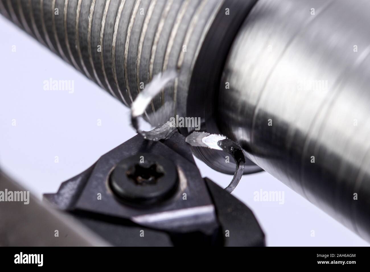 close up of metal cutting on lathe Stock Photo