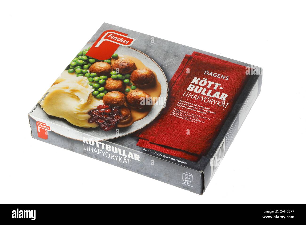 Stockholm, Sweden - December 12, 2019: One Swedish market package of Findus meatballs frozen ready meal for microwave isolated on white background. Stock Photo