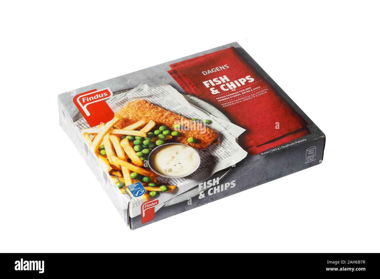 Stockholm, Sweden - December 12, 2019: One package of a frozen fish and chips ready meal produced by Findus for the Swedish market, isolated on white Stock Photo