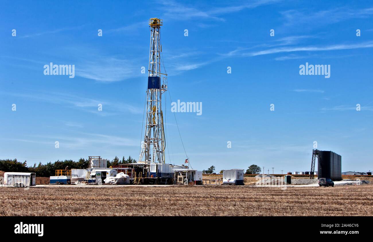 Flex drill rig, horizontal operating in agricultural field,  Kansas. Stock Photo
