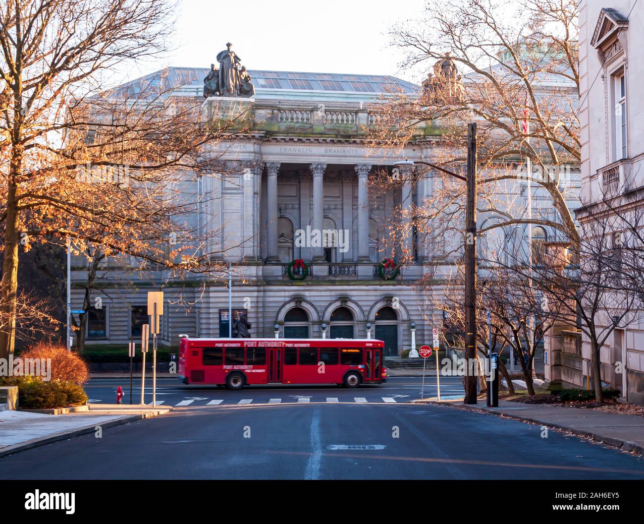 An Allegheny County Port Authority bus on Forbes Avenue in front of the