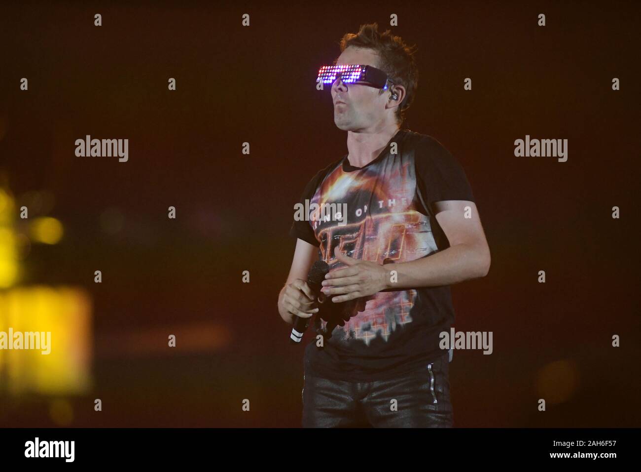 Rio de Janeiro, Brazil, October 7, 2019. Lead singer and guitarist Matthew Bellamy of the rock band Muse, during a concert at Rock in Rio in Rio de Ja Stock Photo