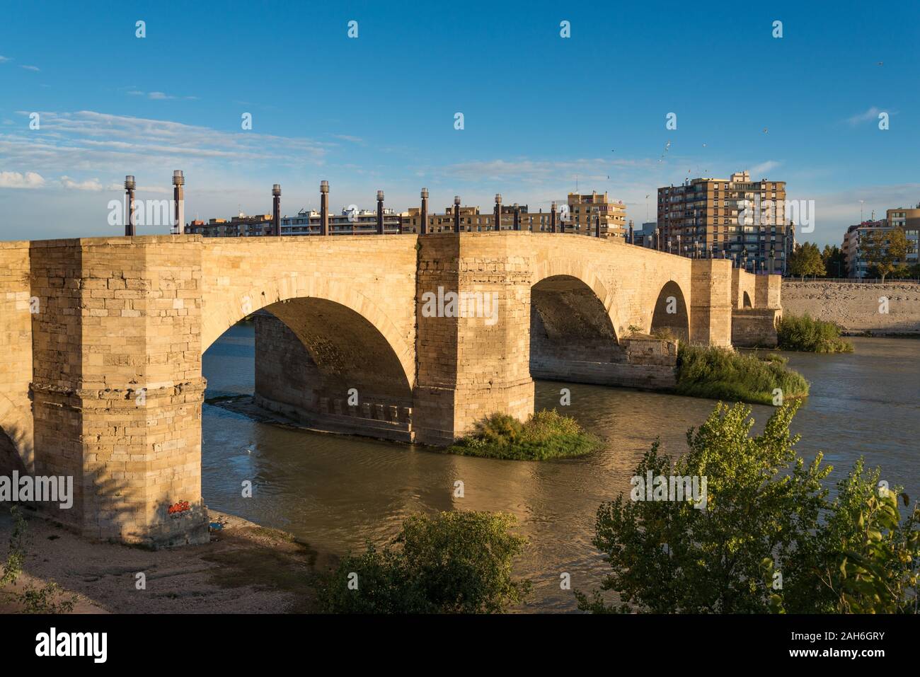 Puente de Piedra or bridge of lions across the river Ebro in the Spanish city Zaragoza Stock Photo