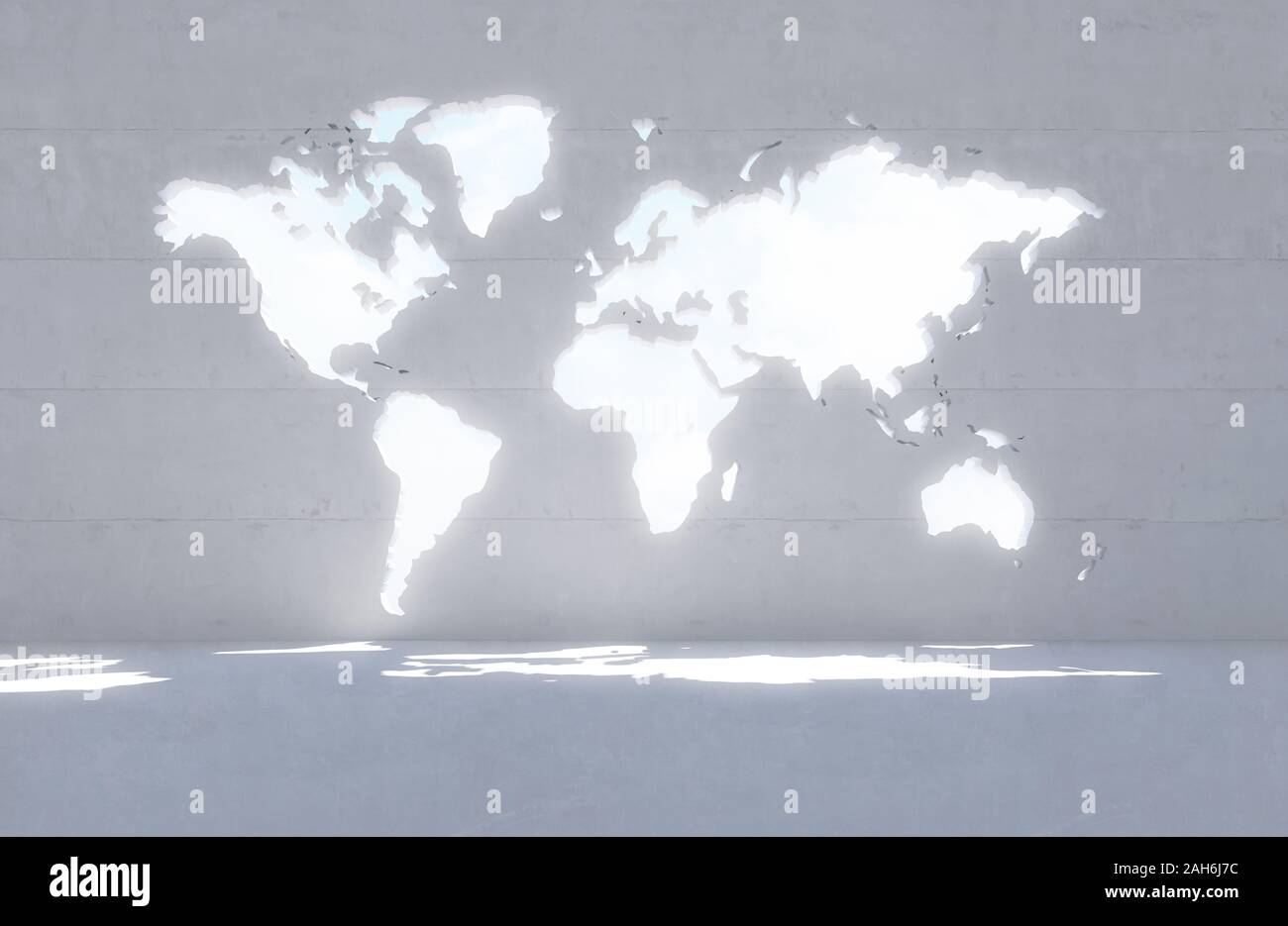 World map window in concrete wall - 3D render Stock Photo - Alamy