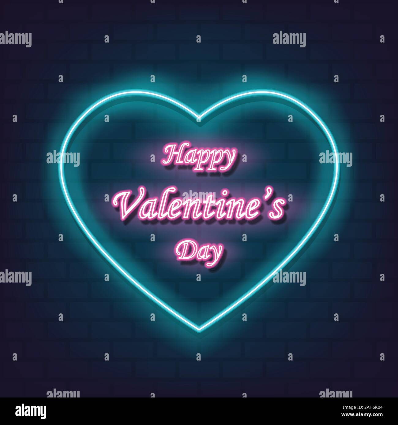 Happy valentine's day with heart frame realistic neon logo love sign ...