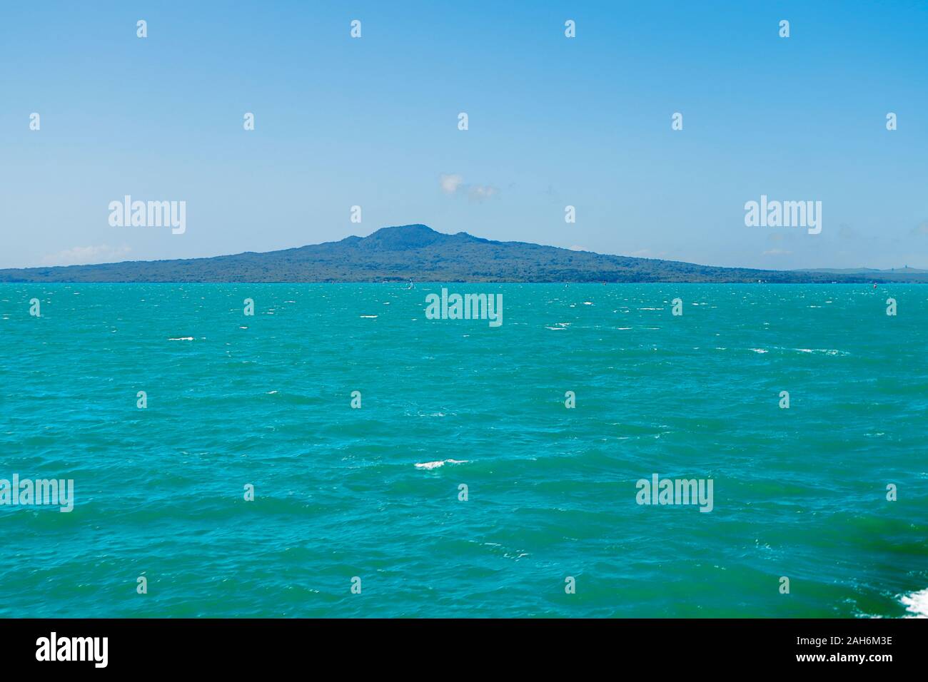 Rangitoto Island in Hauraki Gulf seen from the Rangitoto Island Ferry in Waitamata Harbour