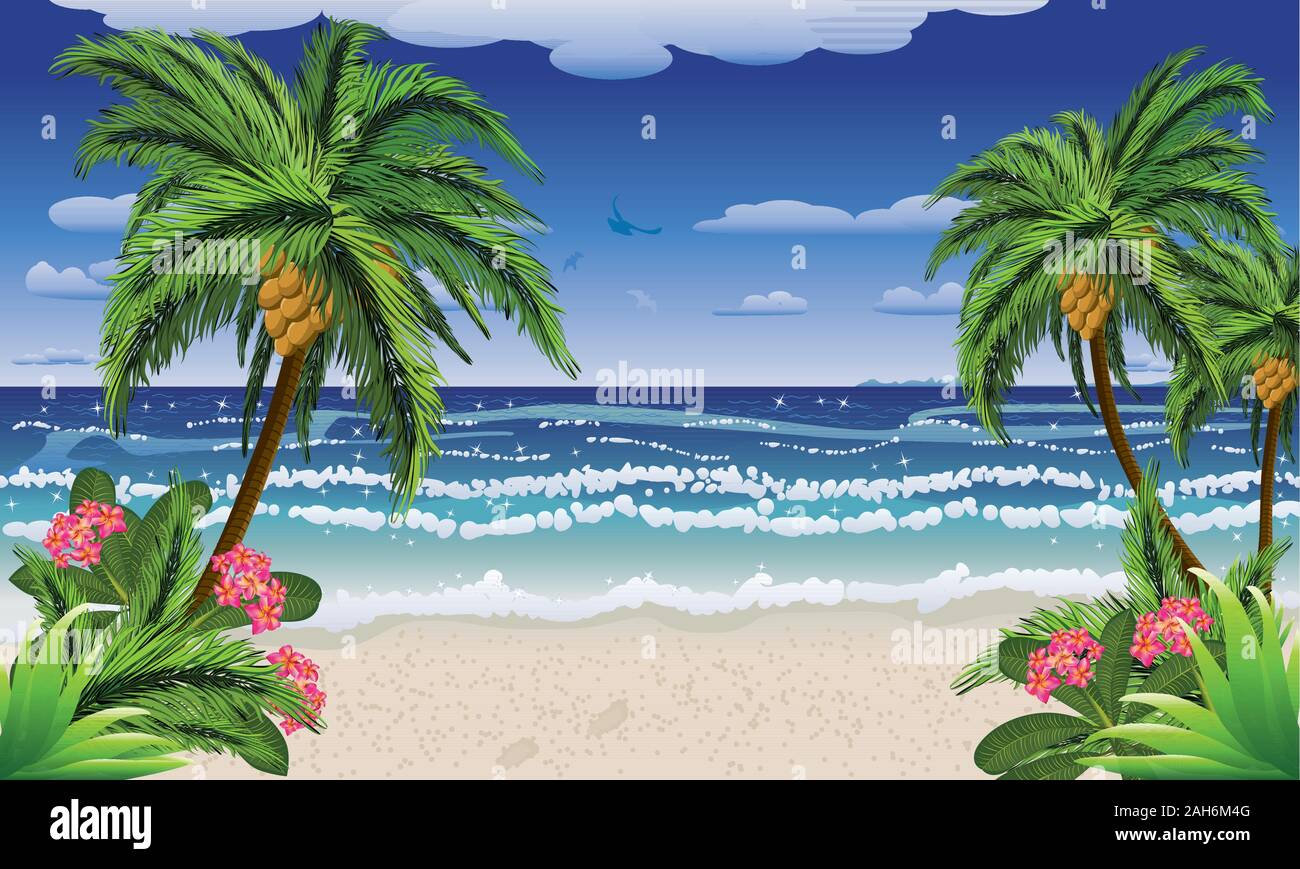 Beautiful background of tropical sea and beach with palms. Stock Vector