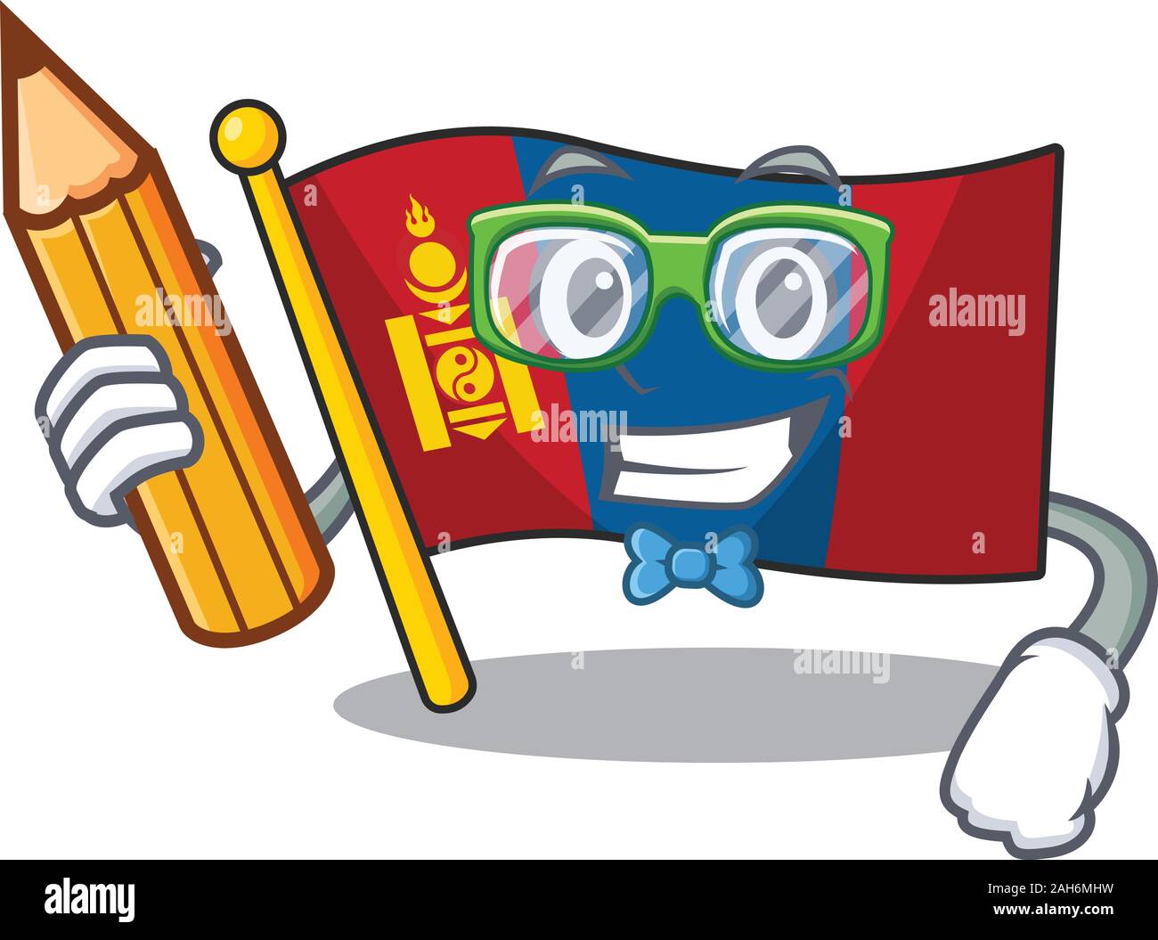 Cool smart Student flag mongolia Scroll character holding pencil Stock Vector