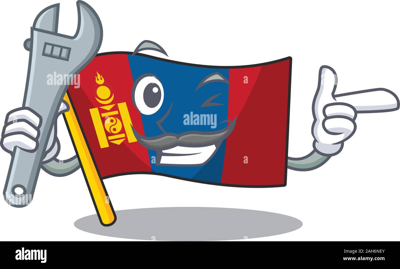 Cool Mechanic flag mongolia Scroll cartoon character design Stock Vector