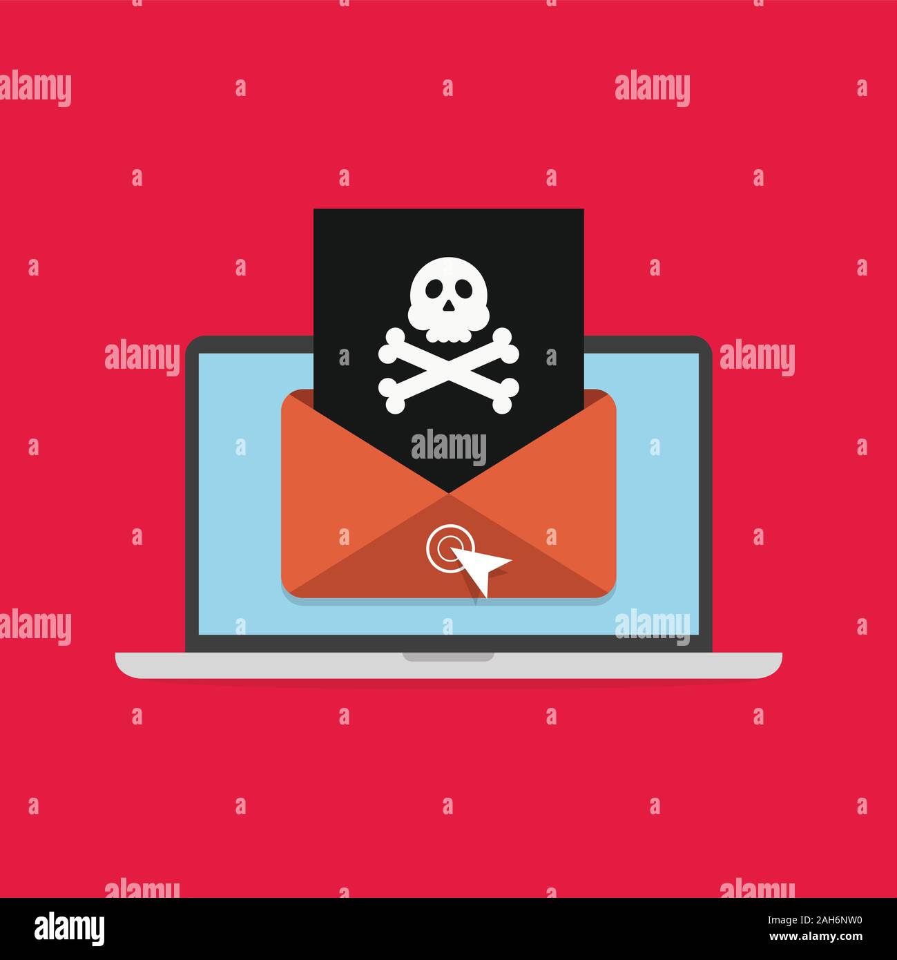 Laptop and envelope with skull and crossbones. virus concept. vector Stock Vector