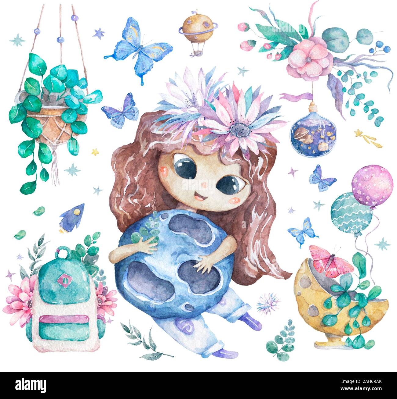 Cute watercolor romantic girl with brown hair on flowers in head and ...