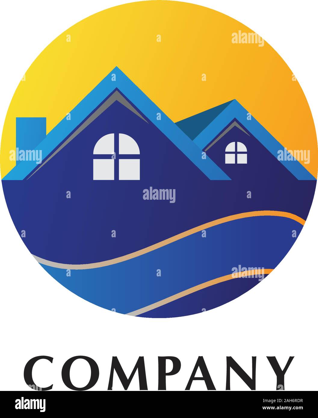 Real Estate Logo Design Template Construction Company Home Builders House Icon Rounded Window Shape Roof Top Chimney Sun Yellow Stock Vector Image Art Alamy