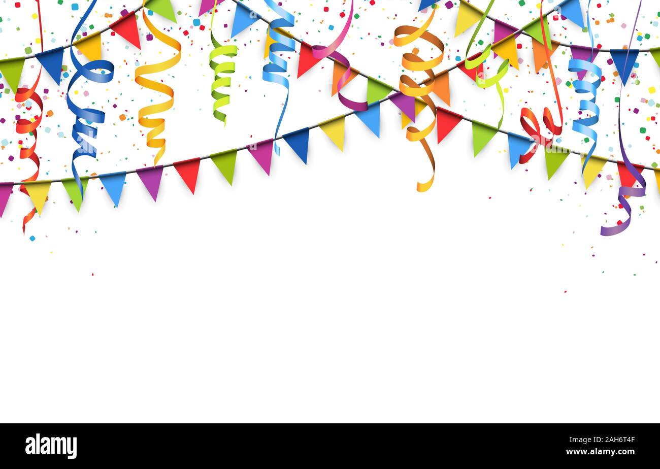 vector illustration of colored confetti, garlands and streamers on