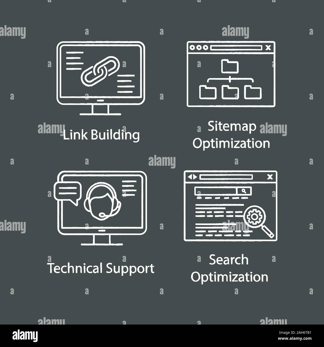 SEO chalk icons set. Link building, sitemap optimization, technical support, search optimization. Isolated vector chalkboard illustrations Stock Vector