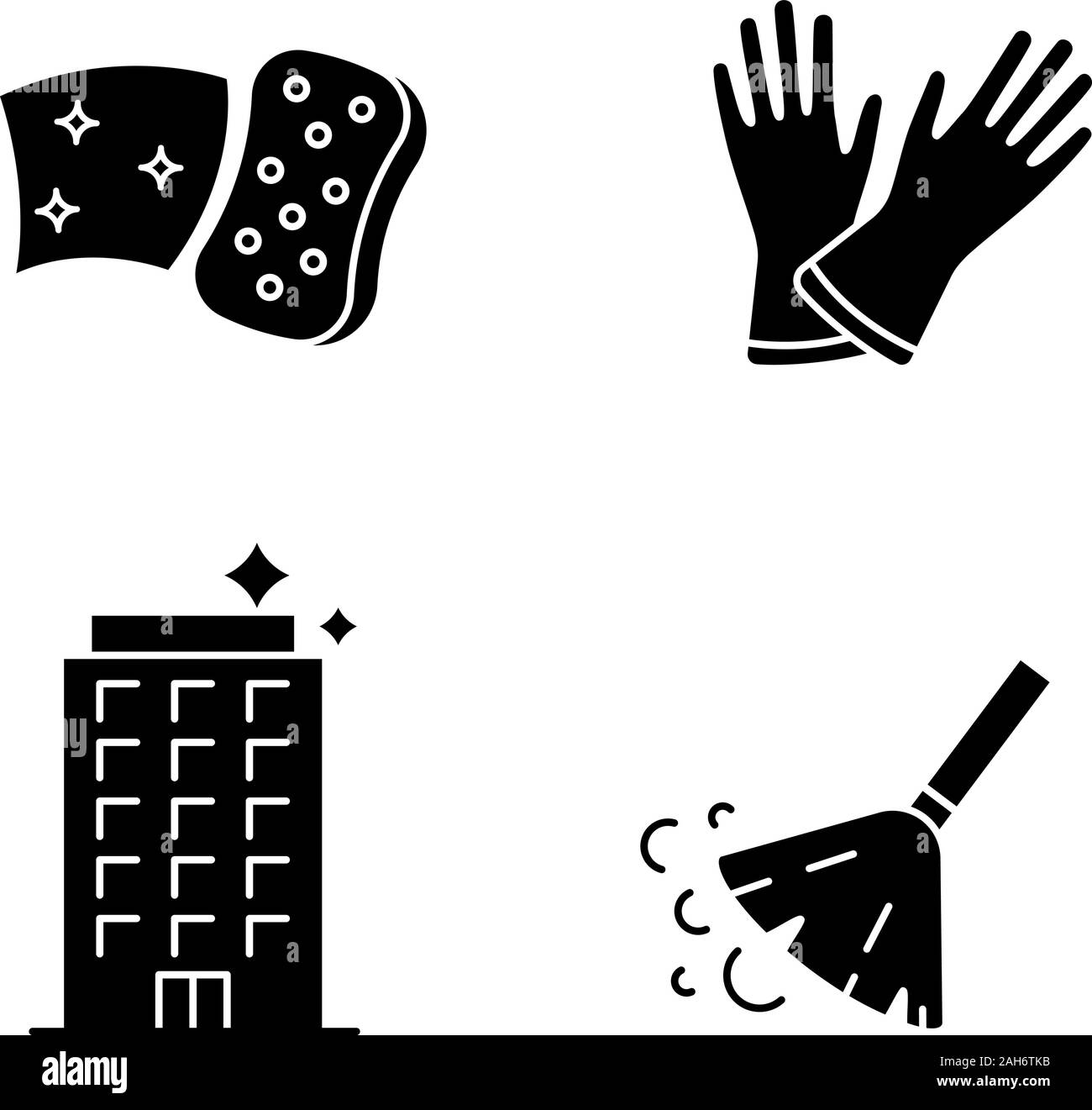 Cleaning service glyph icons set. Household gloves, sweeping broom