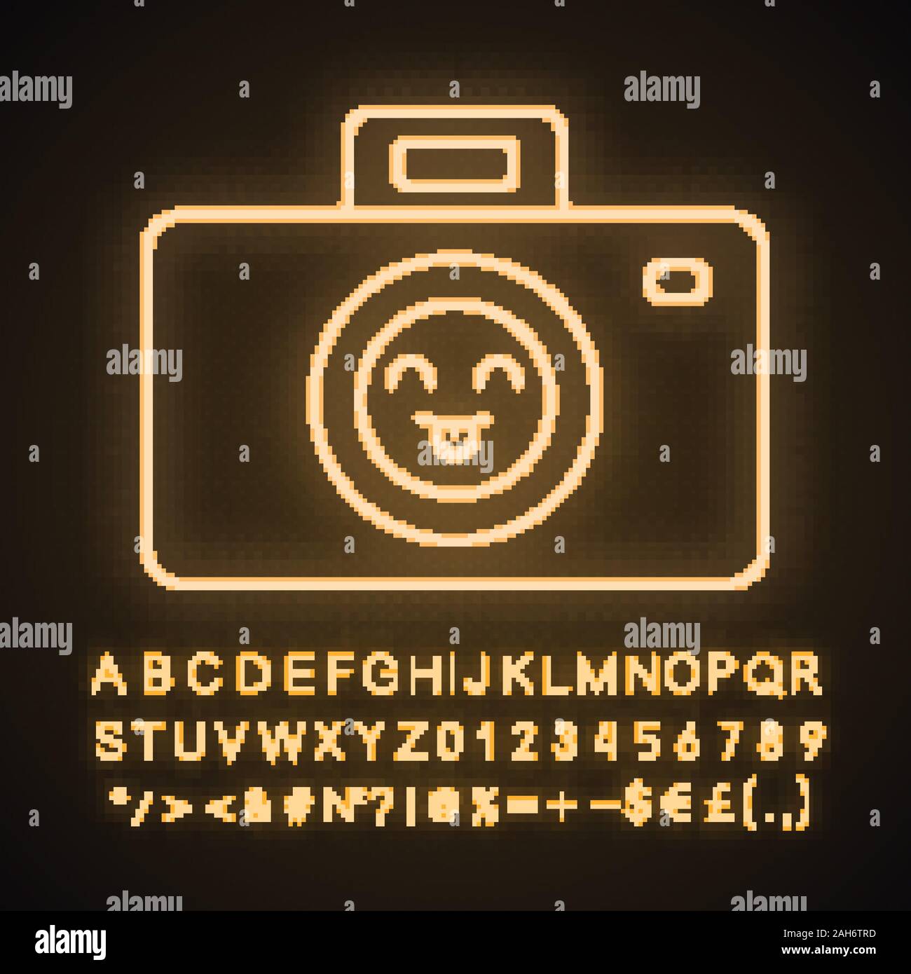 Smiling photo camera neon light icon. Easy photographing. Happy photo camera. Emoji, emoticon. Glowing sign with alphabet, numbers and symbols. Vector Stock Vector