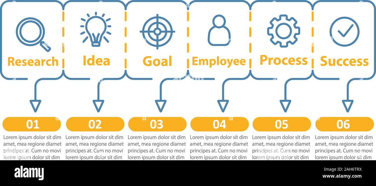 Business development vector infographic template. Goal achieving. Idea realization. Business presentation. Data visualization with six steps, options. Stock Vector