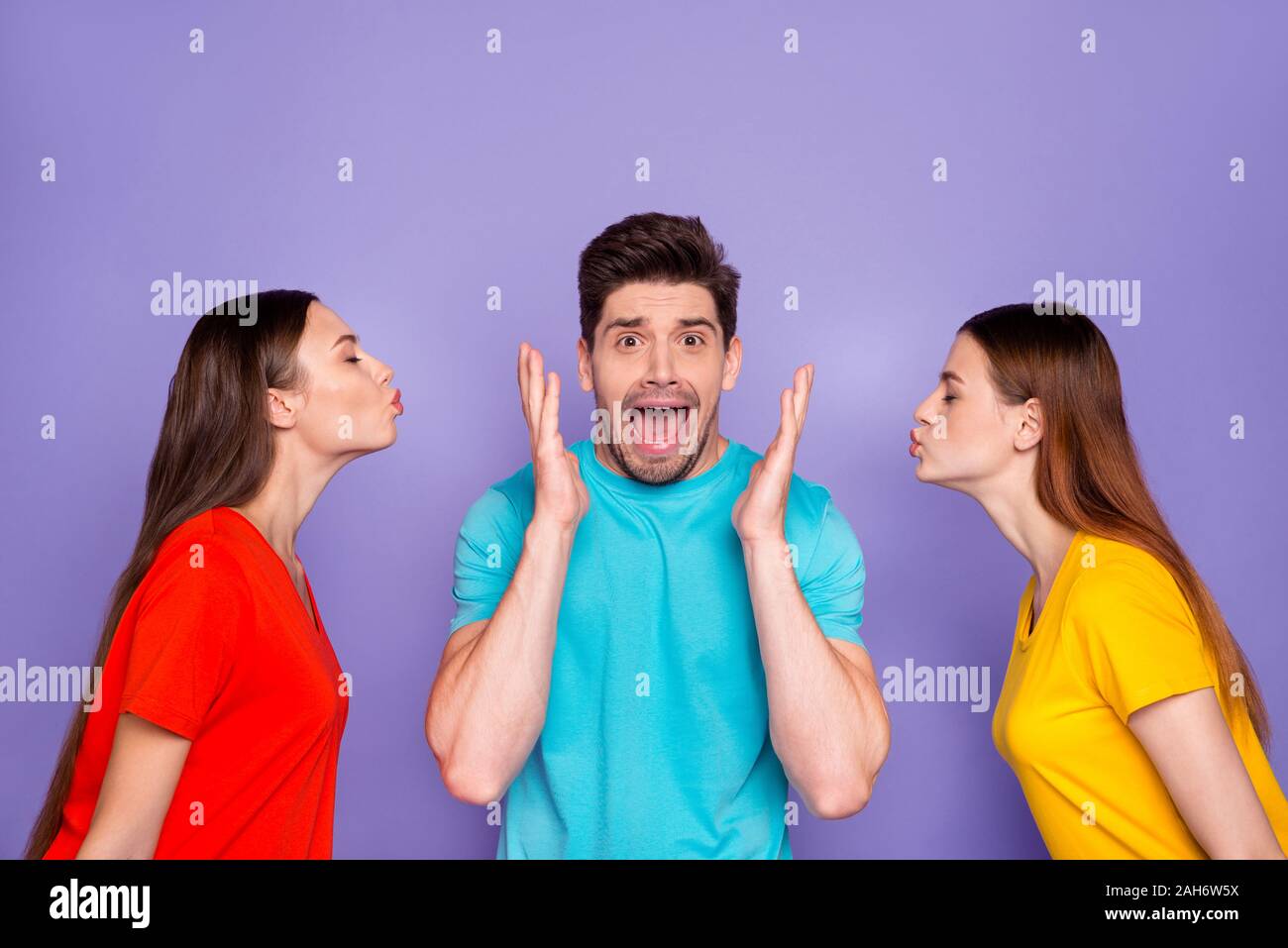 Side profile photo of handsome, shouting in blue outfit macho is tired of flirt and many lovers isolated violet background Stock Photo