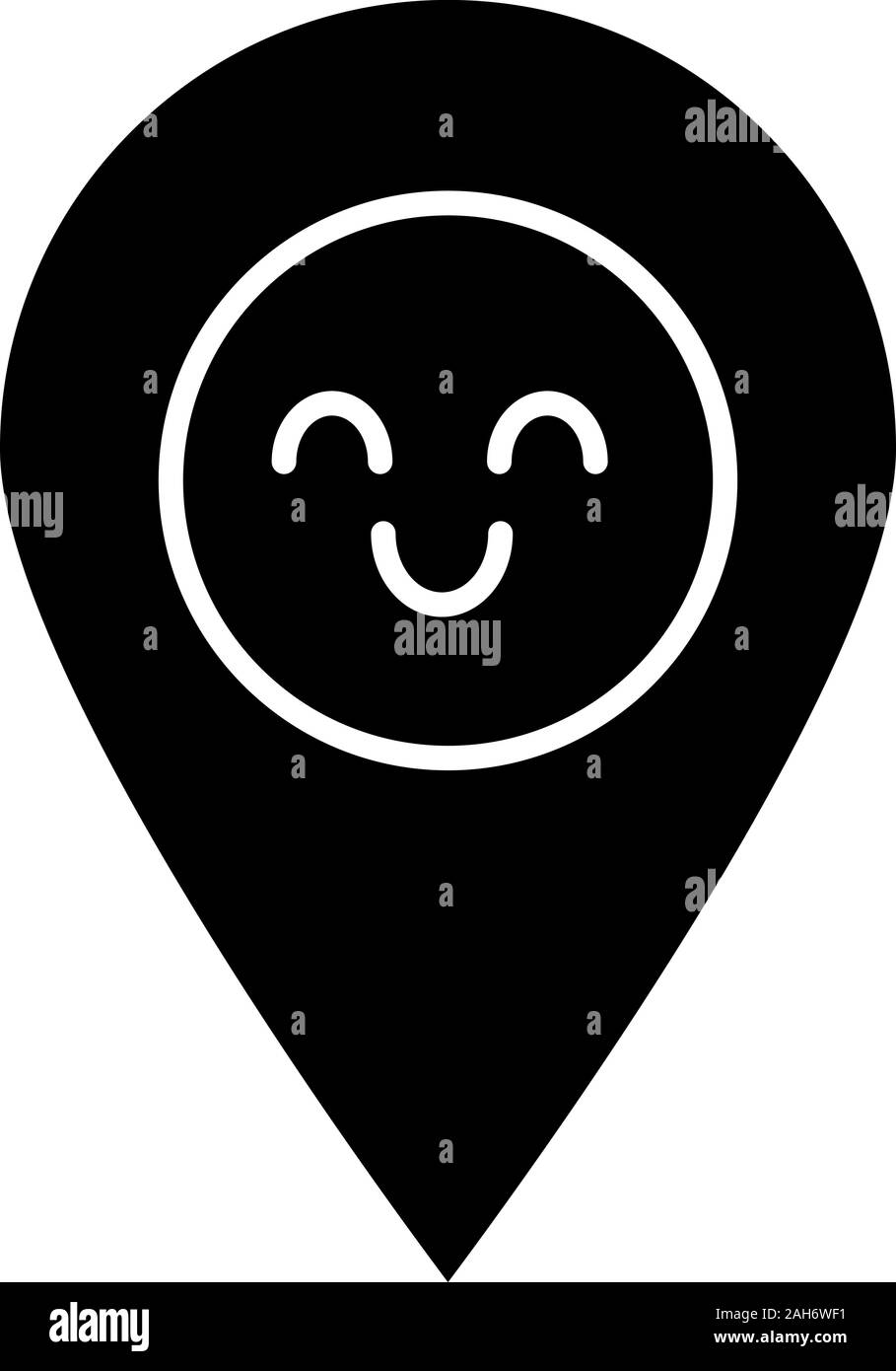 Smiling map pin character glyph icon. Easy GPS navigation. Happy map pinpoint, marker. Emoji, emoticon. Silhouette symbol. Negative space. Vector isol Stock Vector